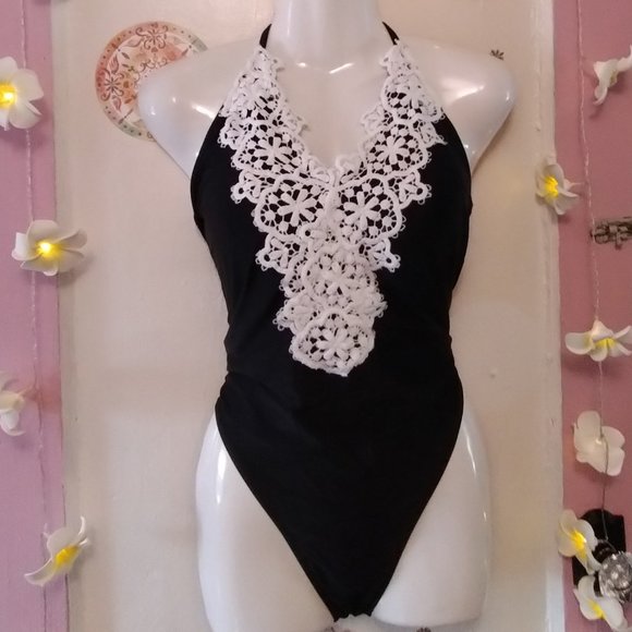 Elegant Black and White Lace Halter One-Piece Swimsuit - Picture 1 of 8